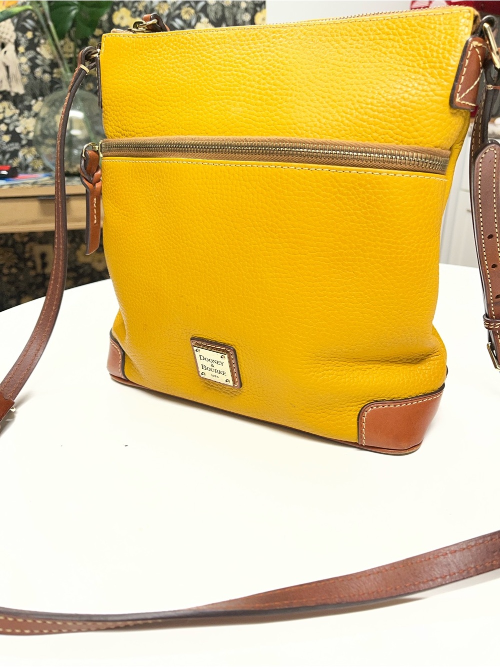 Dooney & Bourke Mustard Yellow Pebbled Leather Crossbody with Brown Trim